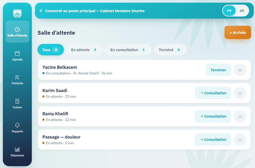 Le compagnon tablette Android, au fauteuil, relié au PC du cabinet par le réseau local.